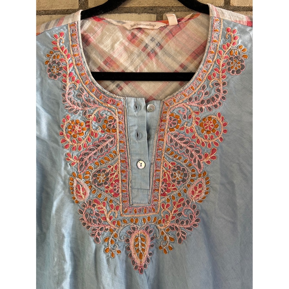 Soft Surroundings Fall Plaid Back Embroidered Henley Tunic Top Blue Size Small - Picture 3 of 5